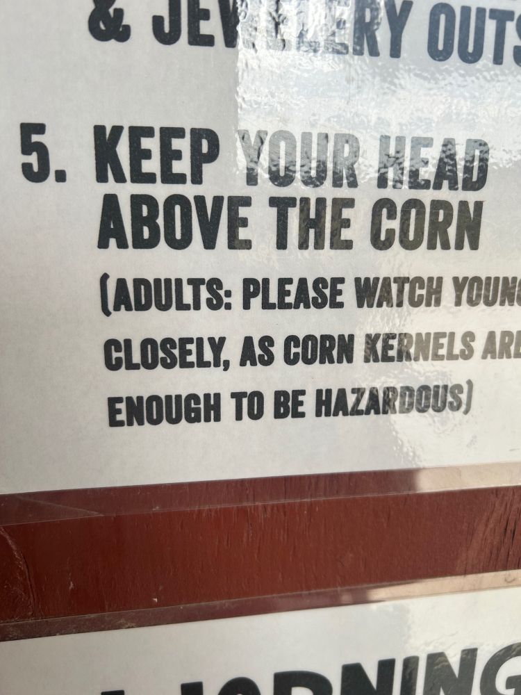 A sign showing rule number 5 at The Corn Hole: KEEP YOUR HEAD ABOVE THE CORN