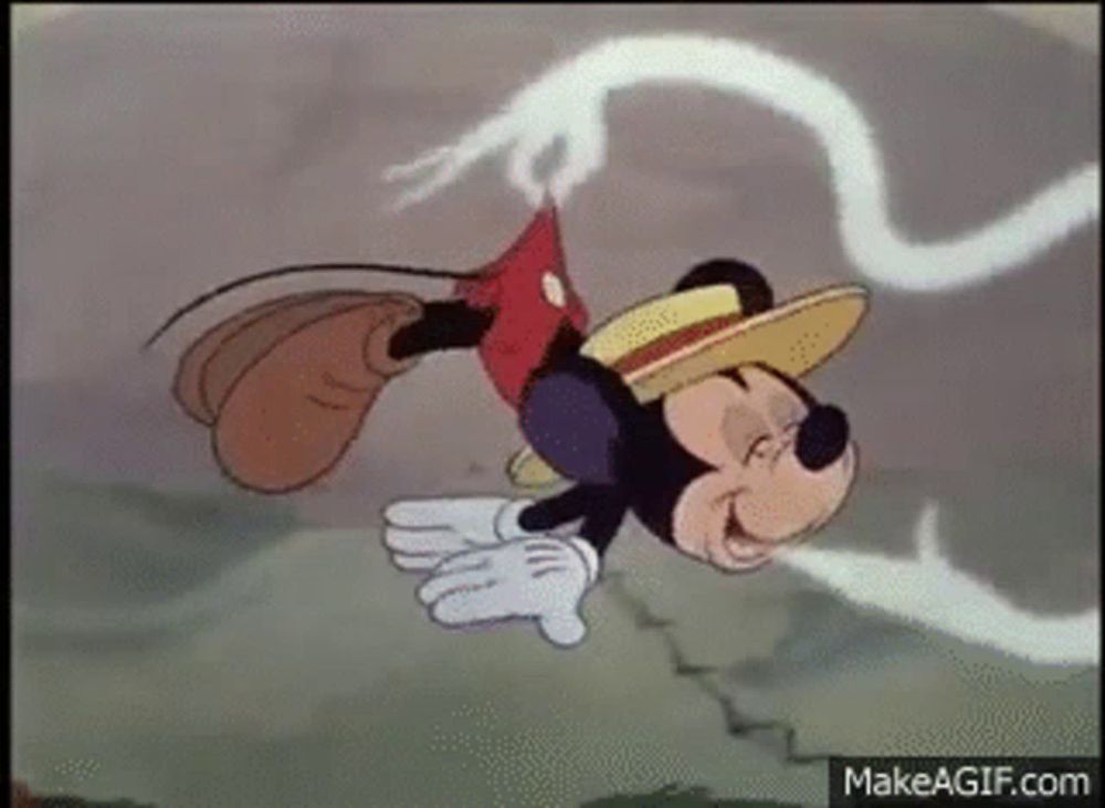 mickey mouse is flying through the air in a cartoon while wearing a straw hat .