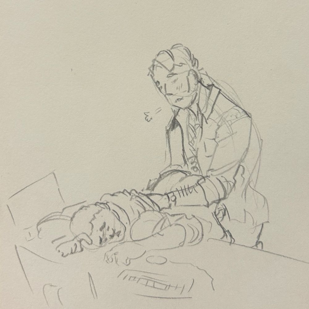 pencil sketch of two men, one bending the other over a desk