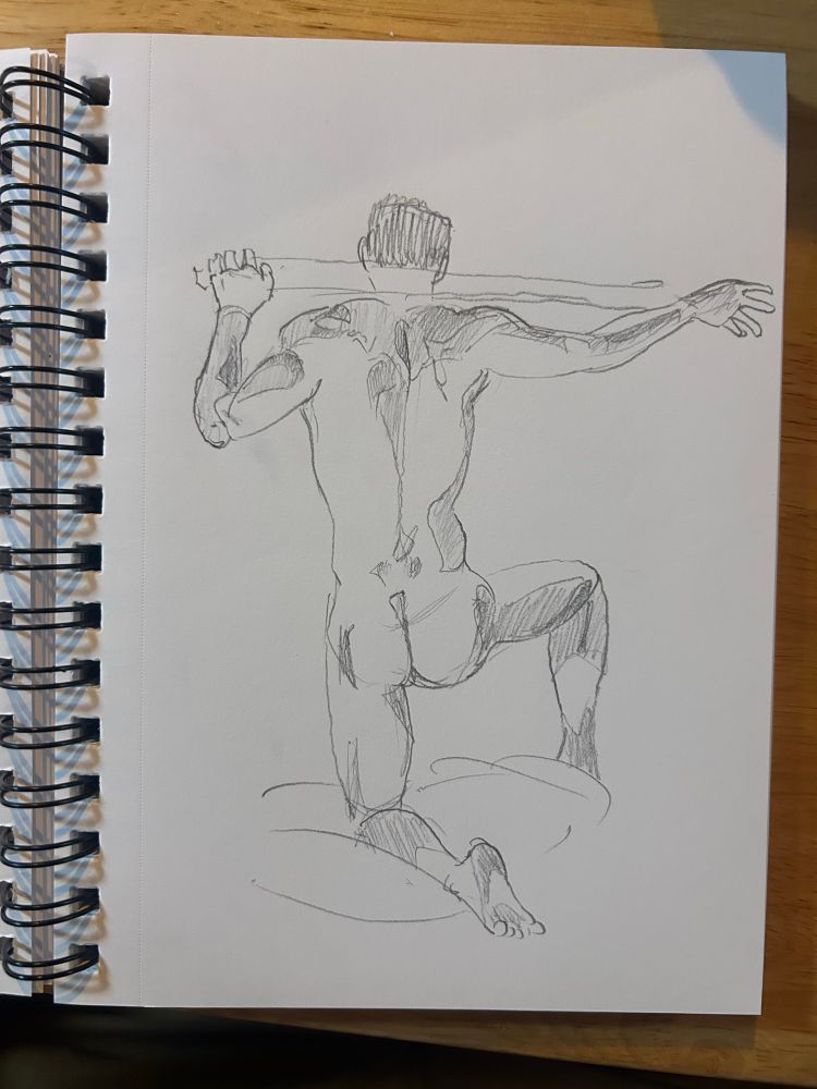 Sketch of a nude man from the back, kneeling, with his hands resting on a bamboo pole across his shoulders 