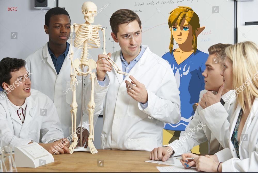 A picture of science students discussing the human body, presumably a biology class, commonly shortened to "bio" with Link from Breath of the Wild wearing his iconic blue lobster shirt from Wind Waker, listening in, alluding to Link is in the biology class, or "Link in Bio" a common term to let an audience know that they can access a link to a 3rd party site via thier profile's bio. 