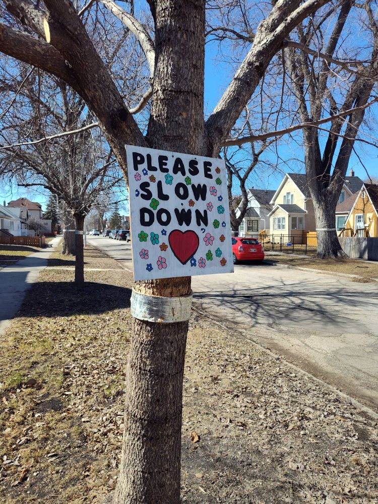 A colourful hand-painted sign affixed to a street tree reads "Please Slow Down" 