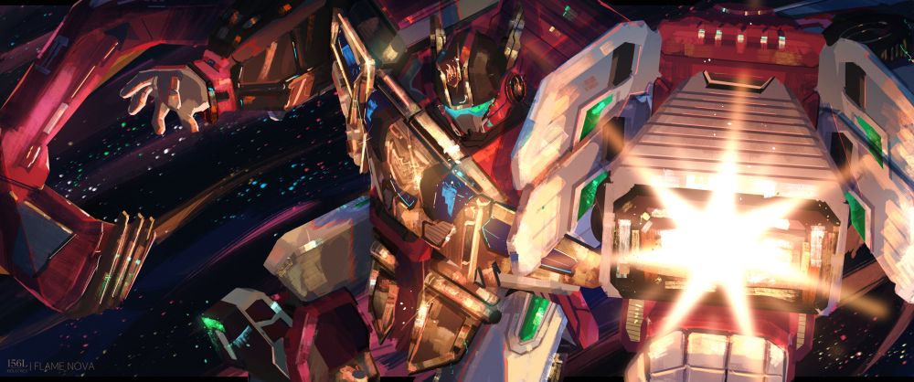 A vibrant landscape illustration of flame nova from metal cardbot s aiming his glowing cannon at the camera, ready to shoot. he is also looking at the camera. the background is a starry galaxy with little coloured dots.