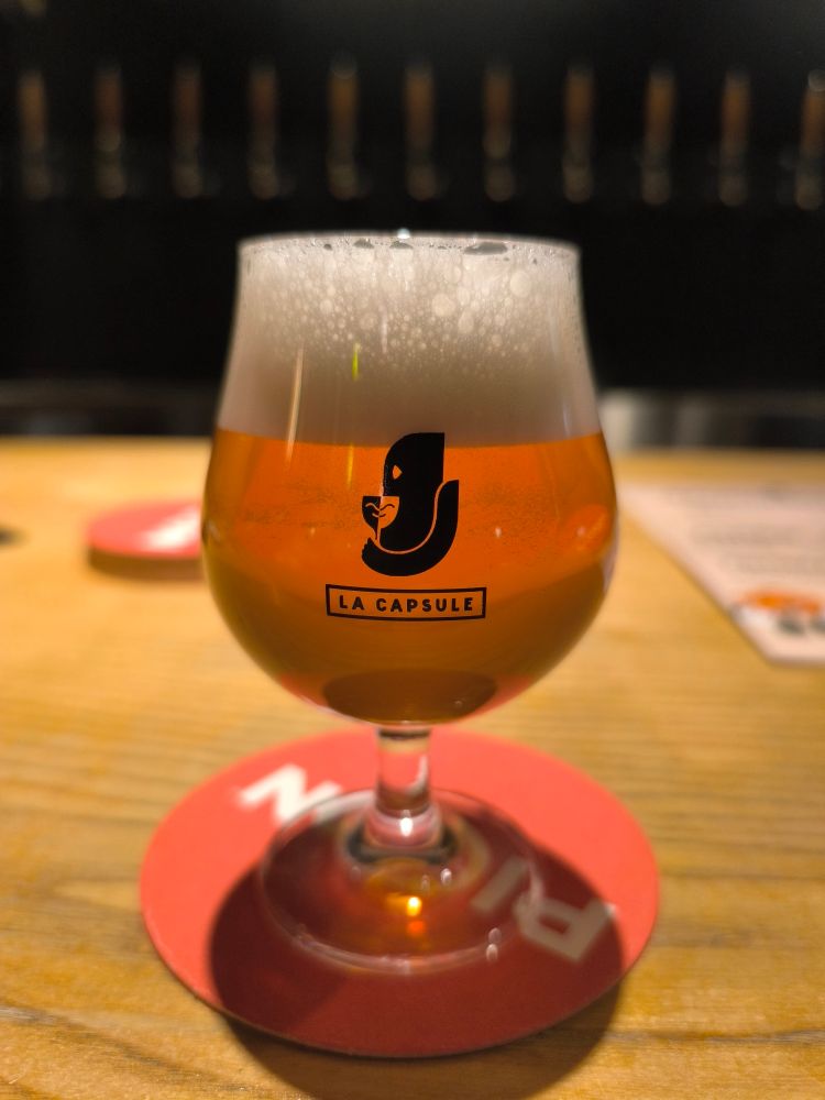 A small glass of beer on a bar with beer taps in the background.