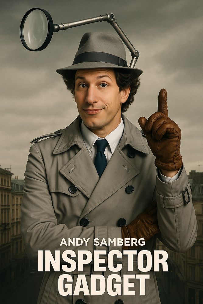 Alt Text: Andy Samberg dressed as Inspector Gadget stands confidently in a gray trench coat and fedora with a mechanical magnifying glass extending from his hat. He wears brown gloves and points upward with one hand, smiling subtly. The background shows a European-style cityscape under a cloudy sky. The text at the bottom reads “Andy Samberg – Inspector Gadget.”