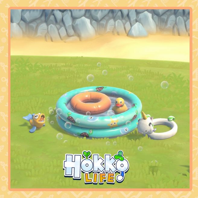 A screenshot of the game Hokko Life showing a paddling pool, bubble machine and unicorn floaty at the beach. 