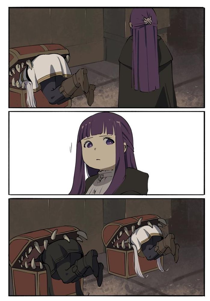 A 3 panel meme image referencing the popular anime Frieren: beyond story's end. First panel: Fern looks on as Frieren has once again been fooled by a minic. Panel 2: Fern looks away briefly. Panel 3: Frieren's Doppelganger has also been fooled by a 2nd mimic. Poster is trying to make a connection between picnic baskets and mimics. Unsure if he has been entirely successful. 