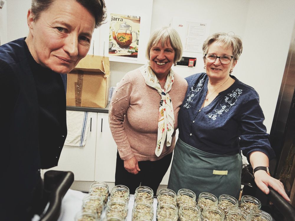 three happy women in the Big Local Jarrow Tea blending kitchen. 