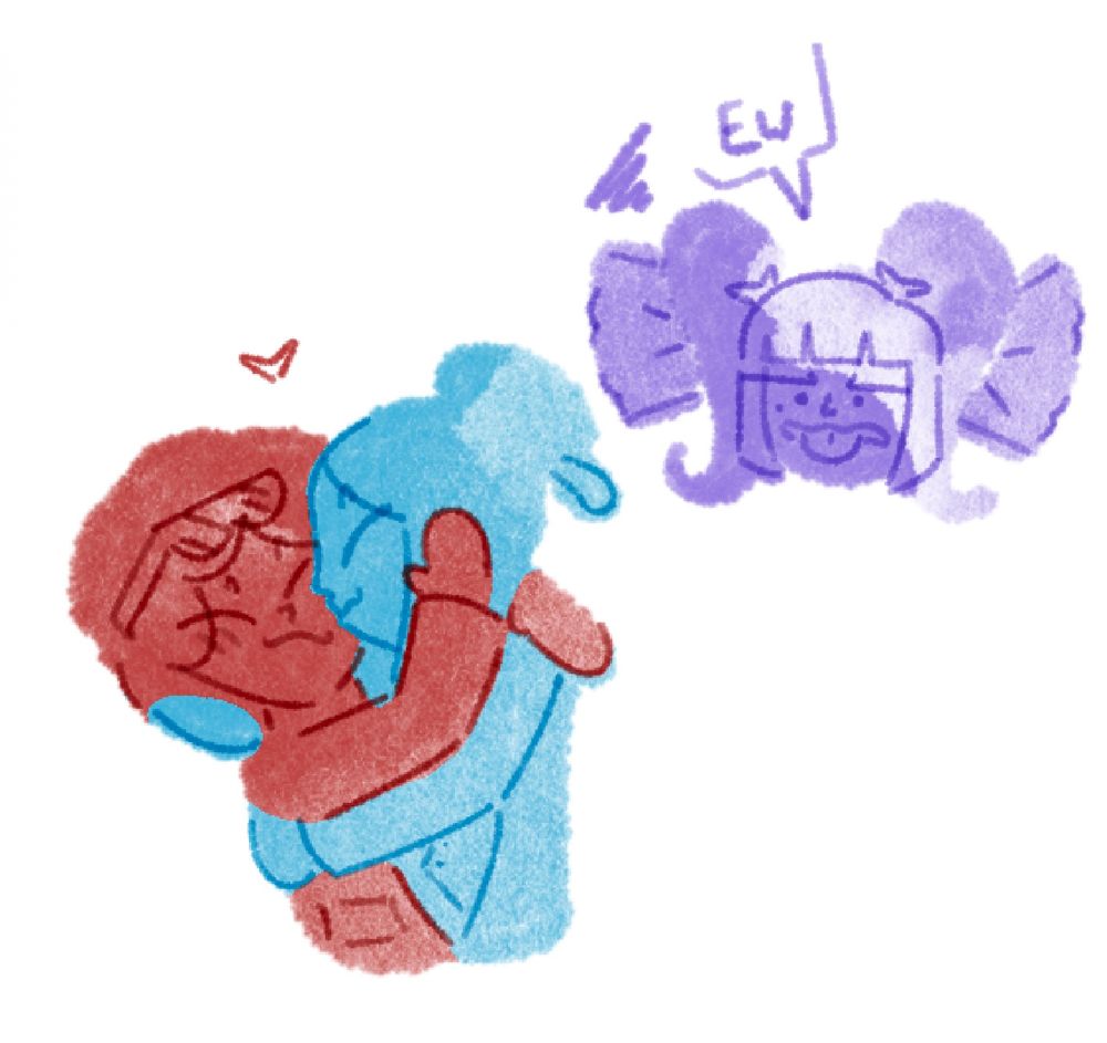 Melodious (blue) greeting Mike (red) with a kiss on the cheek. Veronica is watching nearby, disgusted by the 2