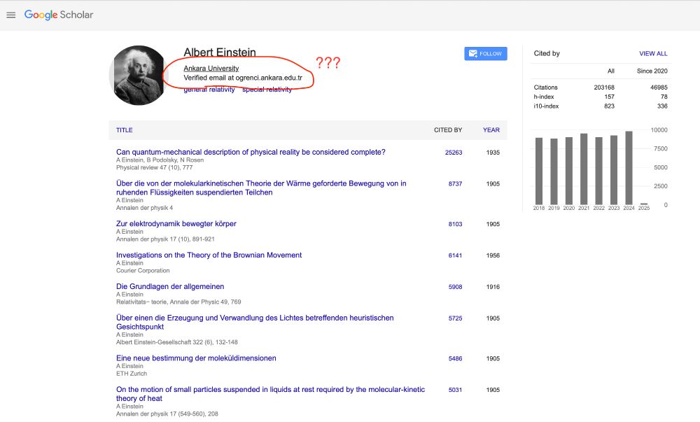 Screenshot of Einstein's profile on Google Scholar showing that he is at Ankara University