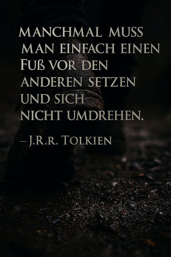 Zitat: „Manchmal muss man einfach einen Fuß vor den anderen setzen und sich nicht umdrehen.“
— J.R.R. Tolkien 