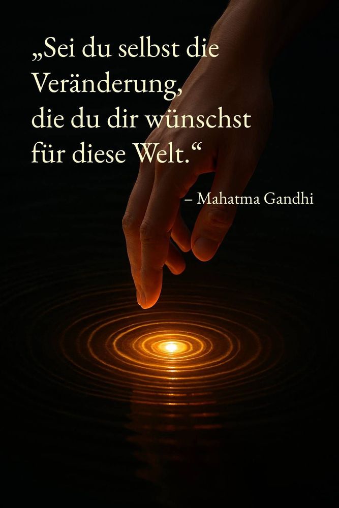 Zitat: „Sei du selbst die Veränderung, die du dir wünschst für diese Welt.“  – Mahatma Gandhi