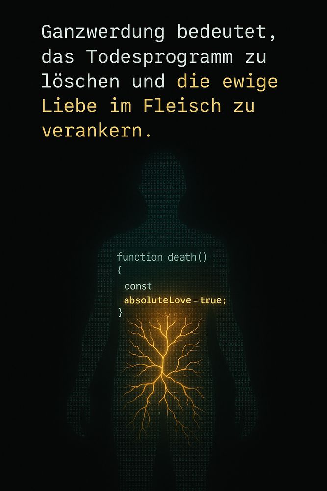Zitat:
„Ganzwerdung bedeutet, das Todesprogramm zu löschen und die ewige Liebe im Fleisch zu verankern.“