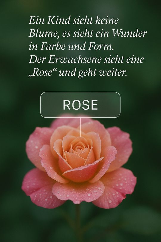 Zitat:
„Ein Kind sieht keine Blume, es sieht ein Wunder in Farbe und Form. Der Erwachsene sieht eine ‚Rose‘ und geht weiter.“