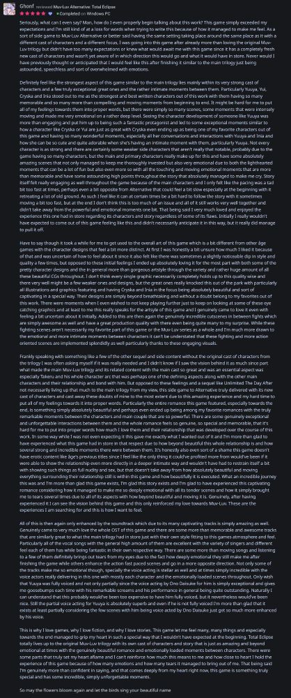 my full review of Muv-Luv Alternative: Total Eclipse. Can also be found on my Backloggd account or this link to it:
https://bckl.gg/oTJL