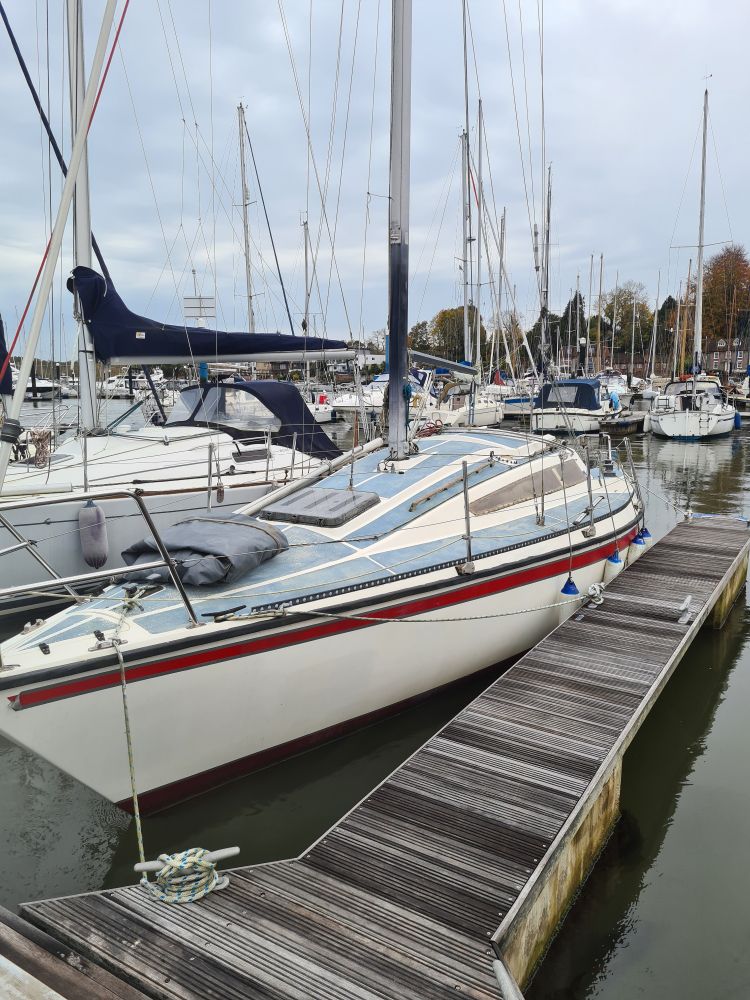 A small yacht in a marina