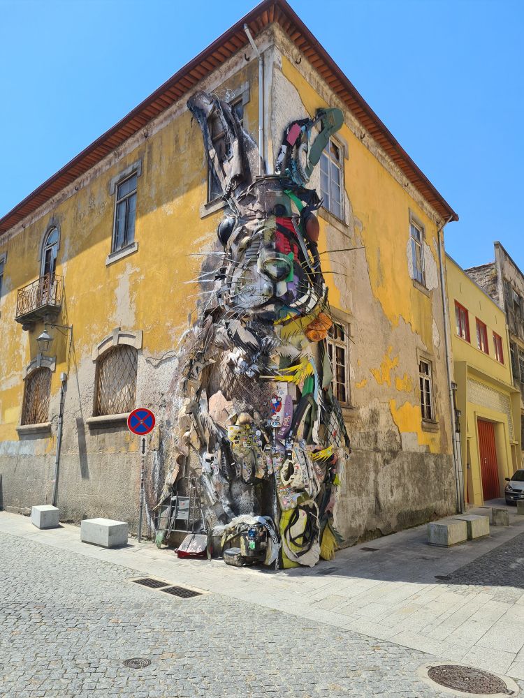 A street art giant rabbit, made totally from recycled rubbish.