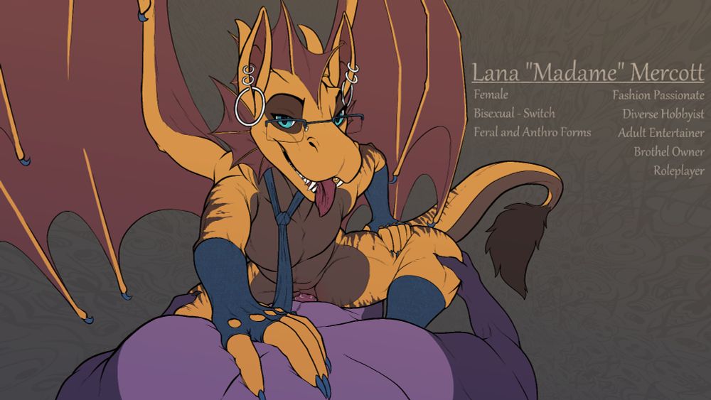 A female dragon dressed in a pair of glasses, a necktie, long fingerless gloves, and leggings rides a male dragon in the cowgirl position. She rests one hand on the male's chest and presses the other to her thigh for leverage.