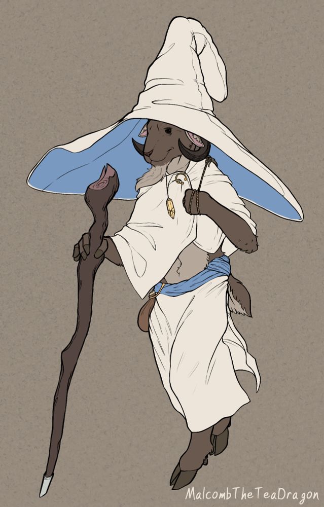 An anthro goat in a shawl, sarong, and massive wide brimmed hat. They walk with the aid of a long, knobbly walking staff with a metal capped base. Around their waist is a sash and from it hangs a  water skin. A small gem hangs from their neck, and they hold a rope for a small shoulder pack which rests over their shoulder.