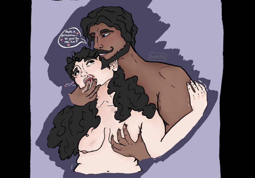 The same sketch except a text bubble is added for Viago that reads, "That's it, principessa. So good for me, hm?" Some action lines indicate that Maeve is trembling and whining. 