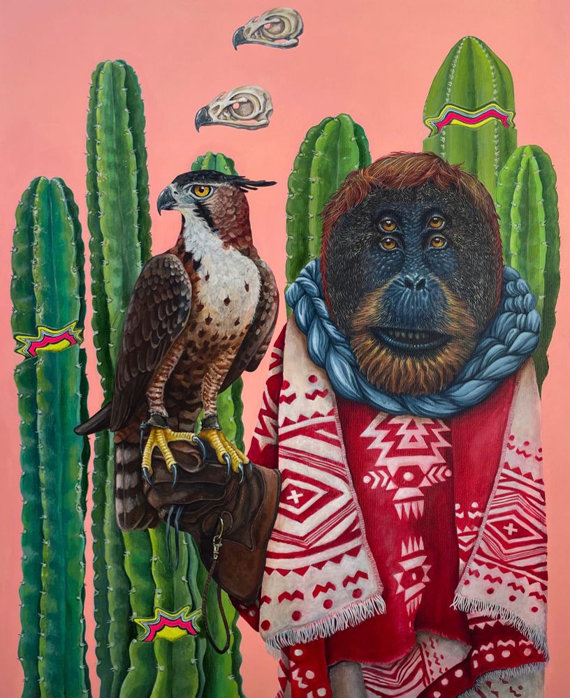 Four eyed orangutan acrylic painting with bird of prey, cactus, trippy symbolism. This piece is about the relationship between a hunter and it tools. 