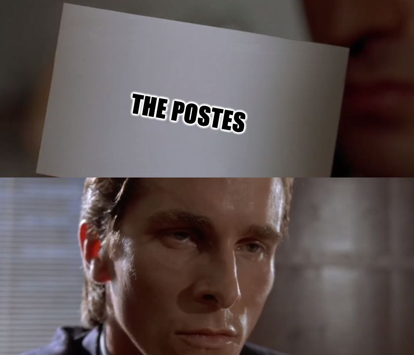 Scene of Patrick Bateman looking at a business card labeled "The Postes"