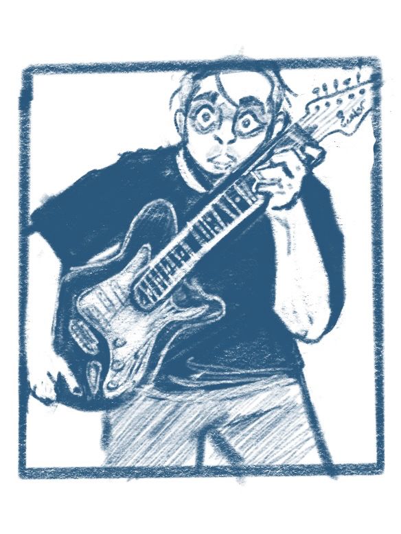 a single color redraw of a System of a Down magazine cover, featuring their guitarist Daron malakian staring at the viewer, clutching a fender Stratocaster.