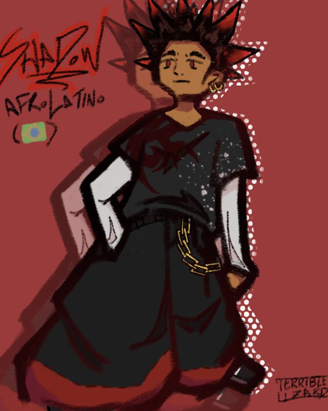 a human design of shadow the hedgehog. he has his hair liberty spikes with red dye on the tips, two gold earrings, a graphic design shirt and excessively baggy pants with a chain on them. Text to the top left reads “shadow , afrolatino” with a Brazilian flag in parenthesis 