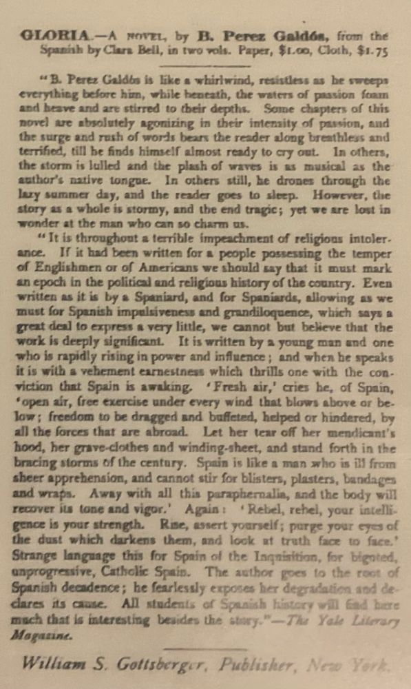 Advertisement for Benito Perez Galdos’ Gloria 