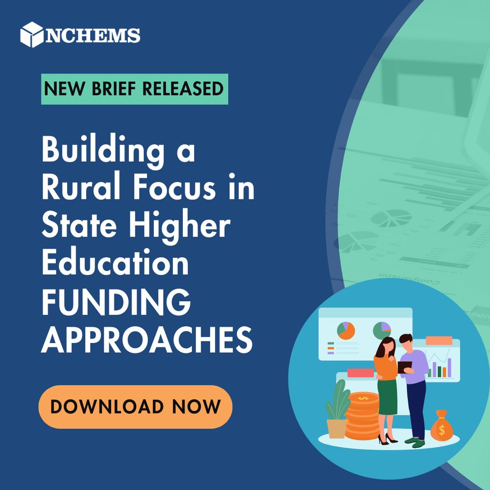 Graphic with text reading, "NEW BRIEF RELEASED: Building a Rural Focus in State Higher Education Funding Approaches. Download Now." Beside the text is an illustration of two people with charts and coins behind them. 