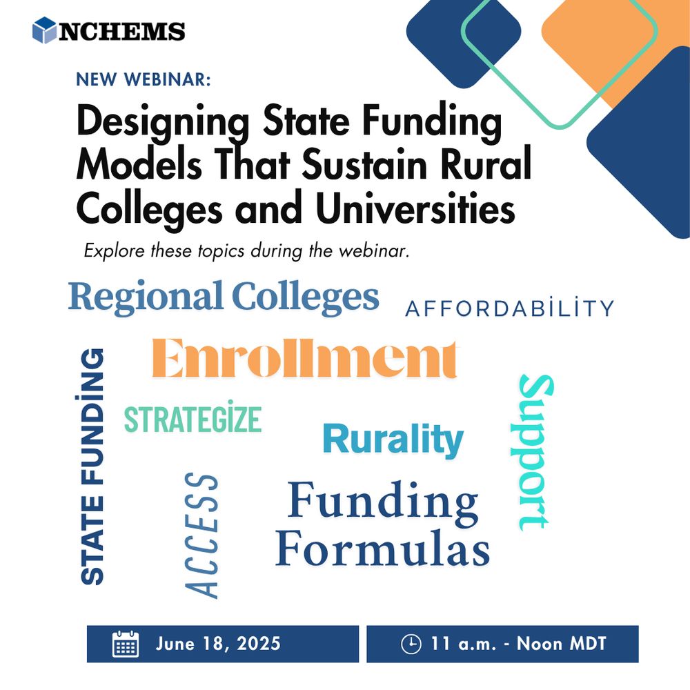 Graphic with text reading, "New Webinar: Designing State Funding Models That Sustain Rural Colleges and Universities. June 18, 2025 | 11 a.m. MDT - Noon. Explore these topics during the webinar." Below this text is a word cloud with different colored words/phrases including: Regional Colleges, Enrollment, Affordability, Rurality, Funding Formulas, Strategize, State Funding, Access, and Support. 