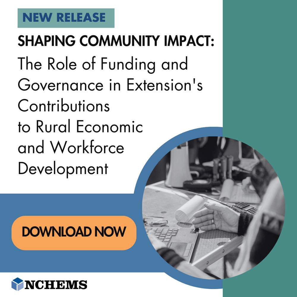 Graphic with text announcing a new release, titled “Shaping Community Impact: The Role of Funding and Governance in Extension's Contributions to Rural Economic and Workforce Development.” Under the title is a button reading, “Download Now,” next to a circular photo of a table with a megaphone, computer, and other work materials. The photo matches the study cover. 