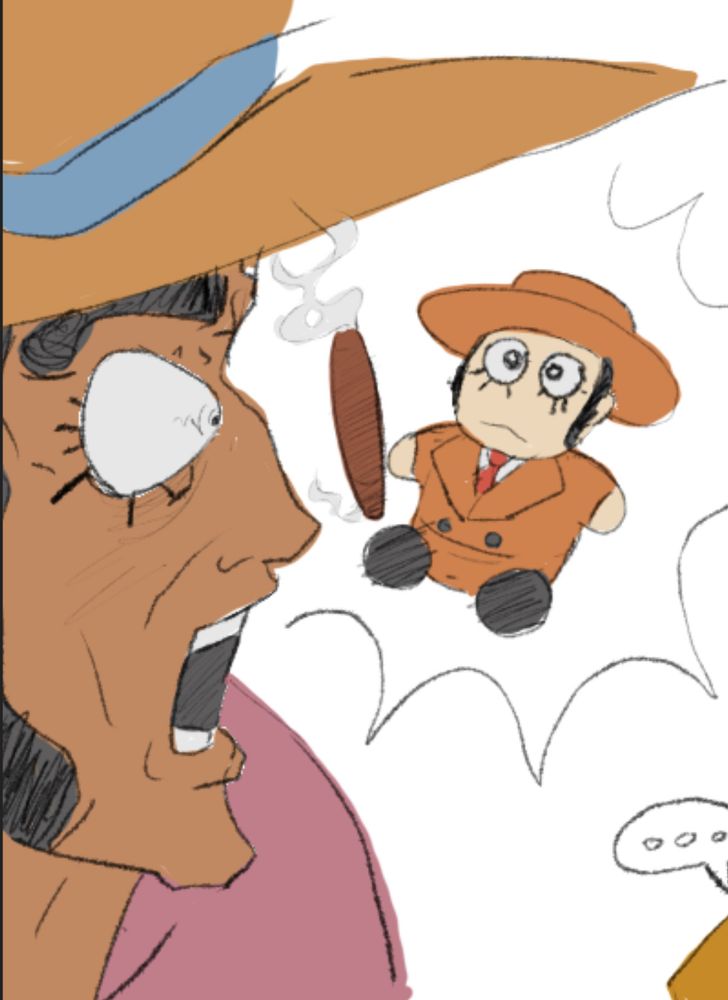 Zenigata staring in shock as a little pops creature plushie is holding a massive blunt