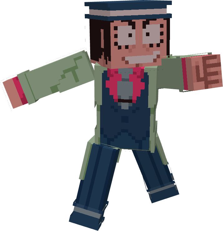 A Minecraft skin of Zenigata (part 3 attire). He’s pointing at something offscreen. 