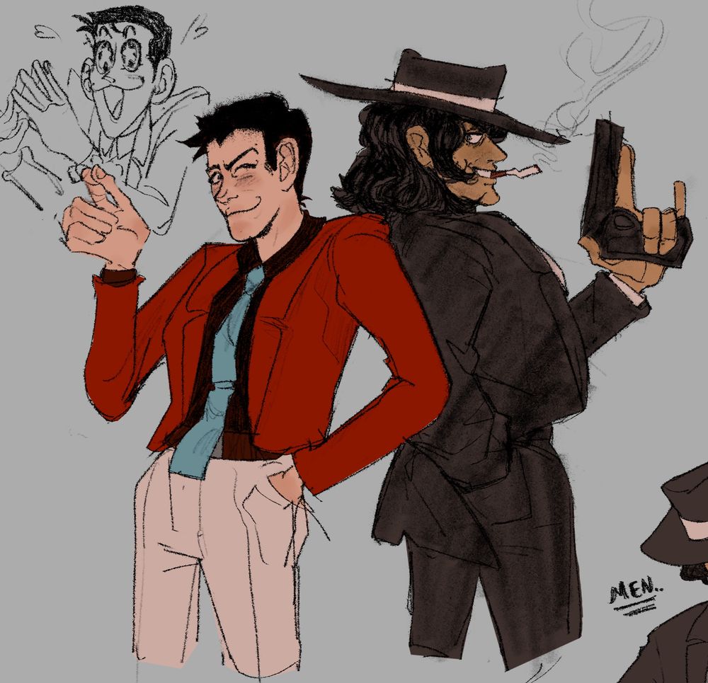 A drawing of Daisuke Jigen and Lupin the Third, they are both girls. On the left stands lupin, making a heart with her fingers, on the right, is Jigen, also smiling, but she is holding a gun. Jigens right hand is in her pocket. On the top left of the image is a doodle of girl Lupin smiling with stars in her eyes, her fingertips are pressed together and she seems excited about something. 