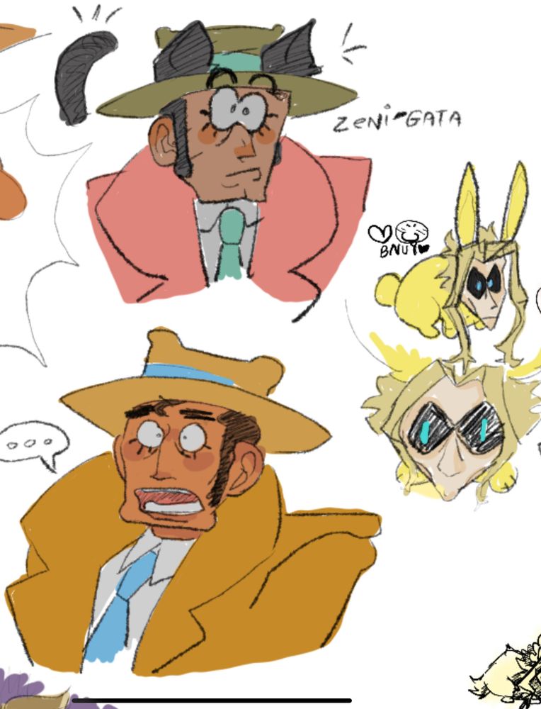 Two drawings of Zenigata, one is wearing a pink coat and has cat ears as well as a tail. Text is on the right of him reading “zeni-gata”. Below is a surprised looking zenigata in a yellow coat, he has a speech bubble that has three ellipses. 
On the right side of the page are two drawings of Toshinori Yagi with a human head attached to a little yellow bunny body. 