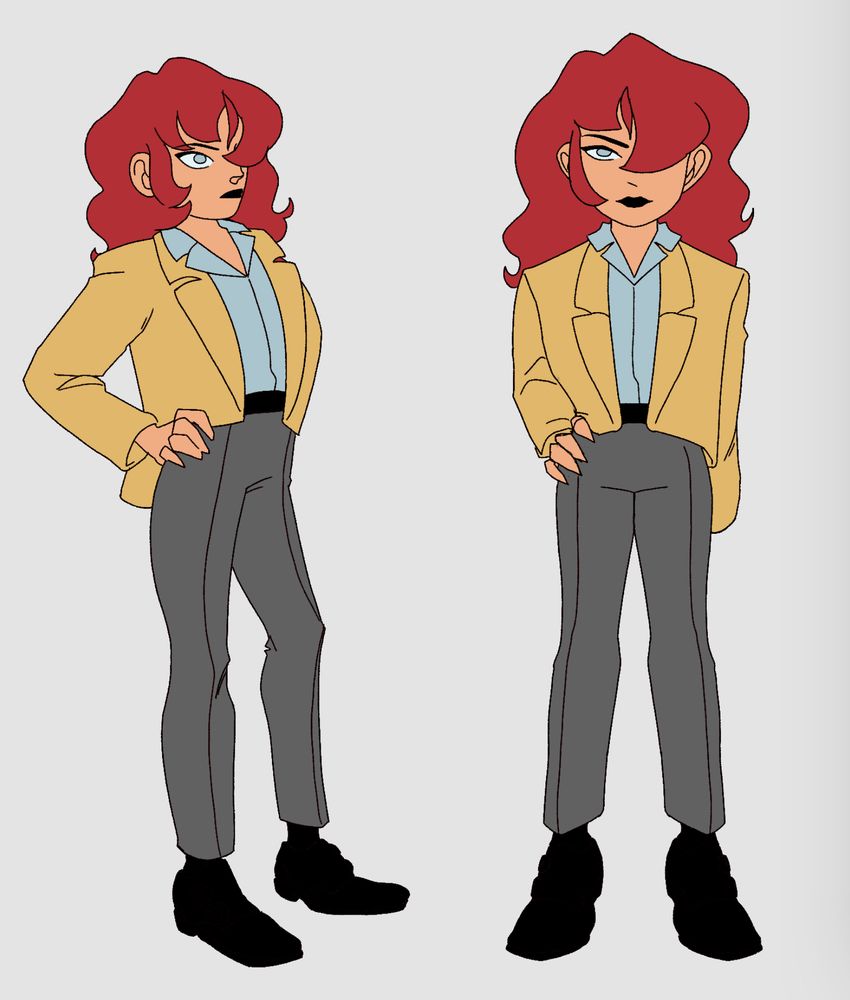 A drawing of an Older Ami Enan from Lupin The Third Part Five, she’s wearing a yellow blazer, a light blue button down, gray pants, and black shoes and belt. Her hair is longer and reaches just past her shoulders. She looks confident. 