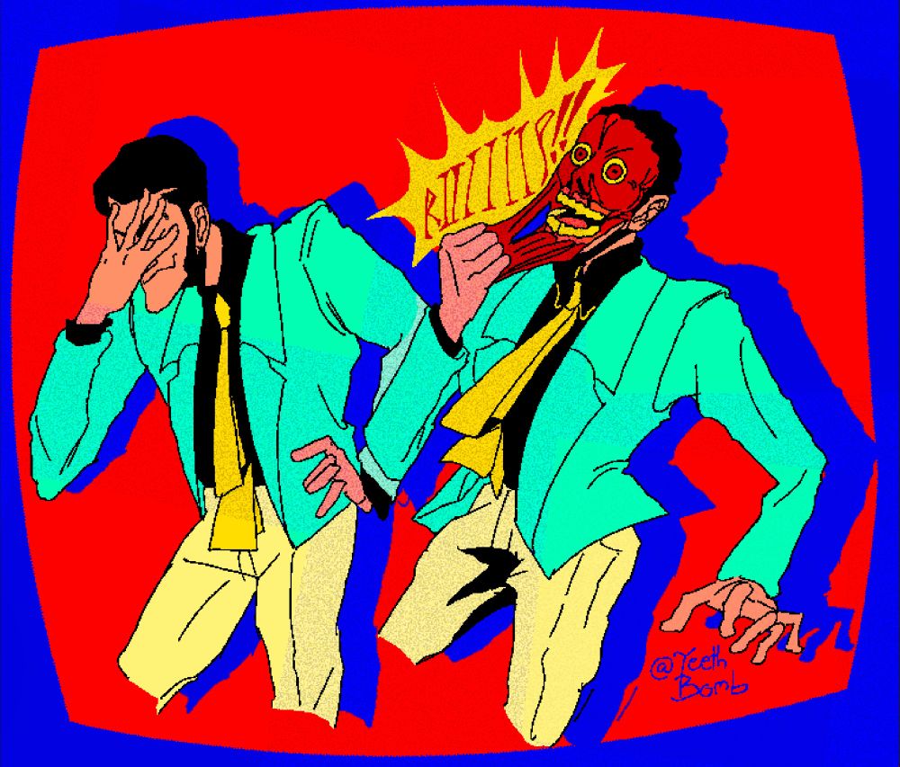 A pixel art drawing of Lupin The Third, chuckling with one hand gripping his face and his other on his hip. Next to him, is a drawing of Lupin pulling his face off with a long and loud “RIP!” As he reveals the underlying muscles, the colors rich and bright shades of red. His yellow teeth push out from his gums, on full display while his lips stretch in the detaching flesh of what once was his face, still attached and ripping from his open and hanging lower jaw. His nose a bloody and shredded stump where it once was. His bug eyes protrude from their sockets, yellow and blood shot. His empty left hand tenses, the only evidence of a reaction to the pain. 