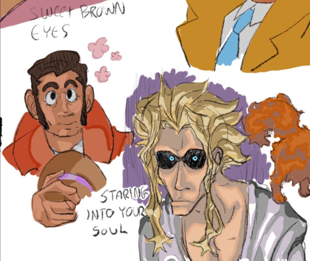 A drawing of Zenigata Koichi is on the left, holding his hat to his chest and looking sweetly into the camera with blossoms at his side. Written above him is text reading “sweet brown eyes”. 
At the right is a creepy drawing of Toshinori in the dark, his blue sunken eyes stare at the viewer. A light is coming from below him, illuminating his face strangely. Written next to him is text that says “staring into your soul”. 