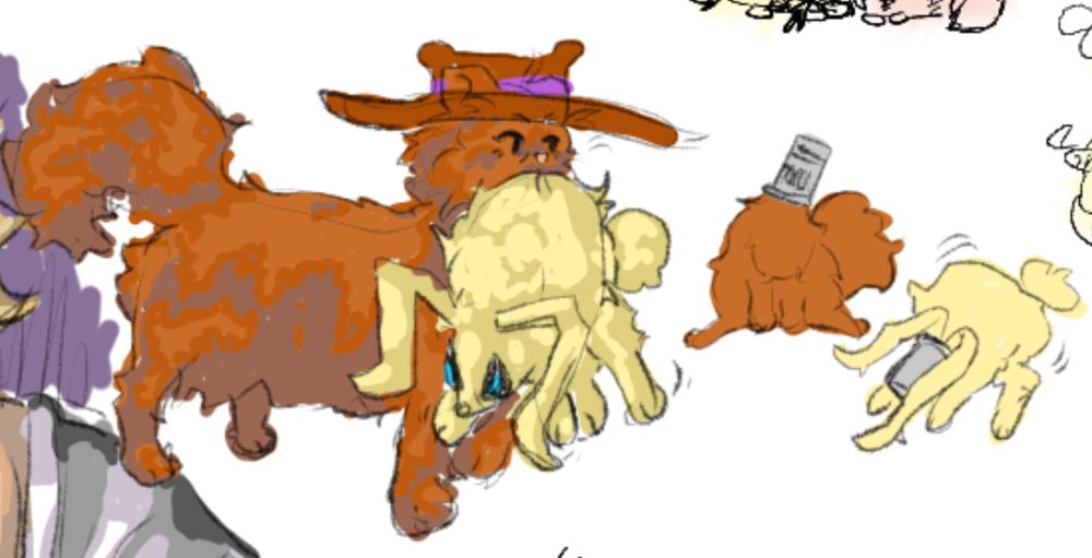 A fluffy brown cat has a hat on his head, a yellow bunny with crinkled ears dangles squirming from the cats mouth. There is an additional drawing with the two animals with their heads stuck in cups. The cat has its head stuck in a noodle cup and the bunny’s head is stuck in a styrofoam cup. 