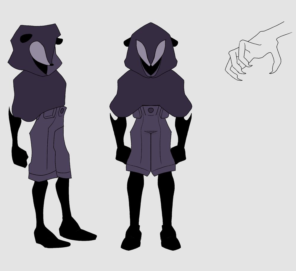An alternate version of the previous image, Ami has donned a mysterious costume that covers her face. The mask is similar to a hedgehog, little black ears are attached to the hood. Her costume is a dark purple, she has knee high boots and elbow length gloves, both are black. 