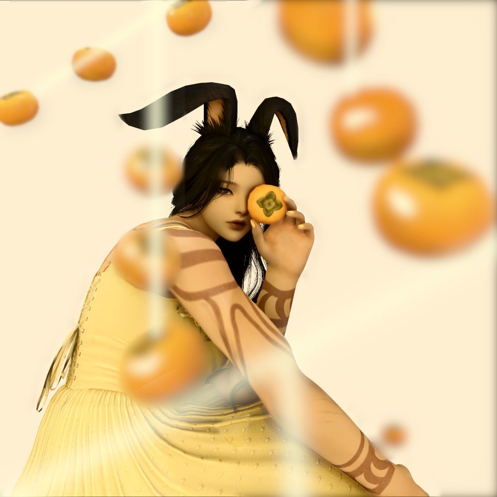 My FFXIV WoL OC, Haena, a Veena Viera woman with black hair, in a shot mimicking the album art for Japanese Breakfast's 2021 album, Jubliee. She is wearing a yellow dress while leaning forward. She looks to the camera to her side while holding a persimmon over her left eye. Around her, more persimmons are hanging in the air suspended by strings and a few scatter on the floor past her.
