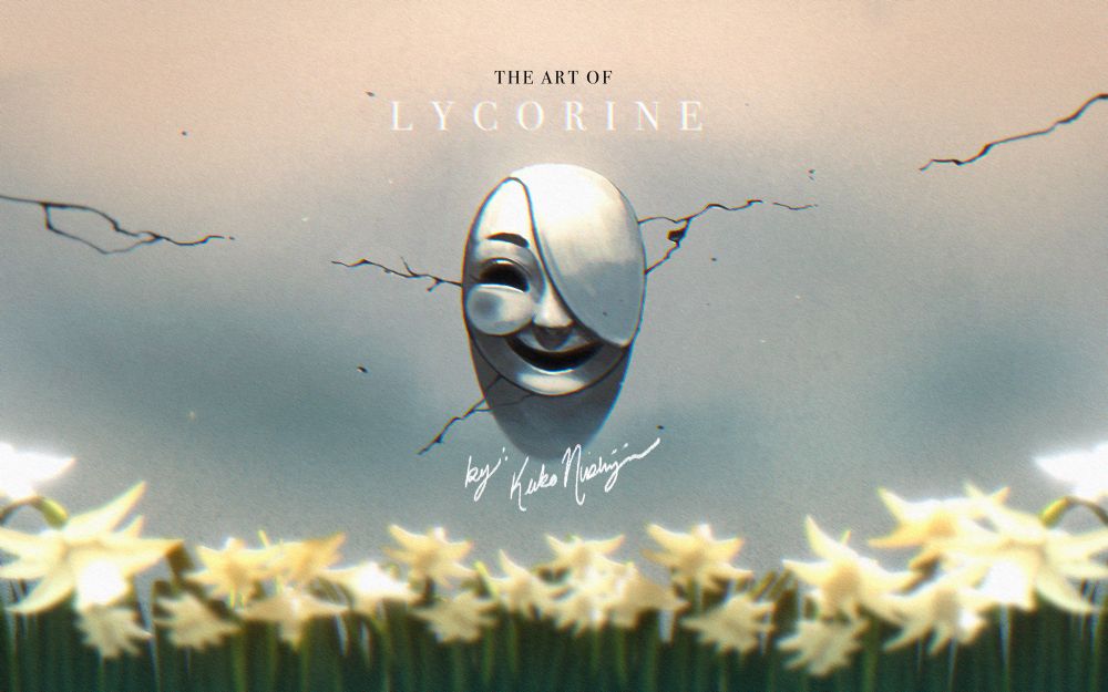 A large stone wall with a freaky mask on the front of it. The wall is cracking in certain spots and the mask has an eerie smile. Along the bottom are white lily’s blurred out due to the focus being on the mask.

The text reads: The art of Lycorine