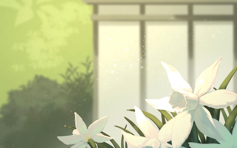 A couple of lily’s in the foreground with some abstract foliage and a building in the back.