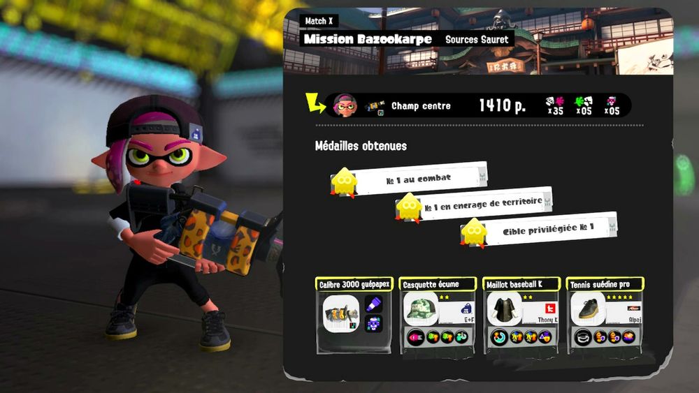 End result screen of an X battle match with 35 kills, 5 deaths and 5 coolers with Clawz .96 gal
