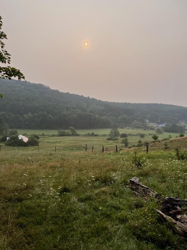 The view down a Vermont pasture hillside. The sky is an unnatural shade of grey and the sun is a red ball. 