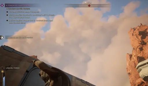 The cloud is almost directly overhead. My character has raised an arm to protect her face.
