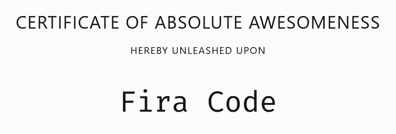 Screenshot from the codingfont.com game:

CERTIFICATE OF ABSOLUTE AWESOMENESS
HEREBY UNLEASHED UPON
Fira Code