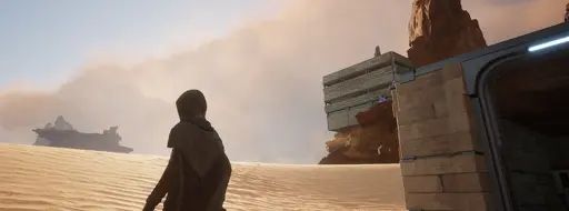 My character looks in the opposite direction as the sandstorm retreats into the distance, again behind rocky outcroppings and settlements