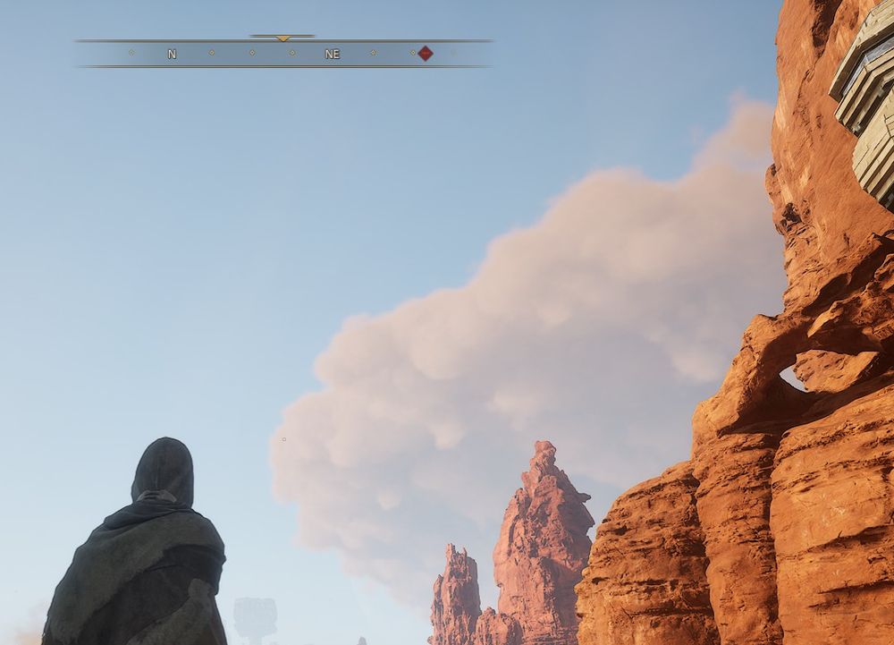 My character stands in roughly the same place but the cloud is much closer, taking up most of the sky